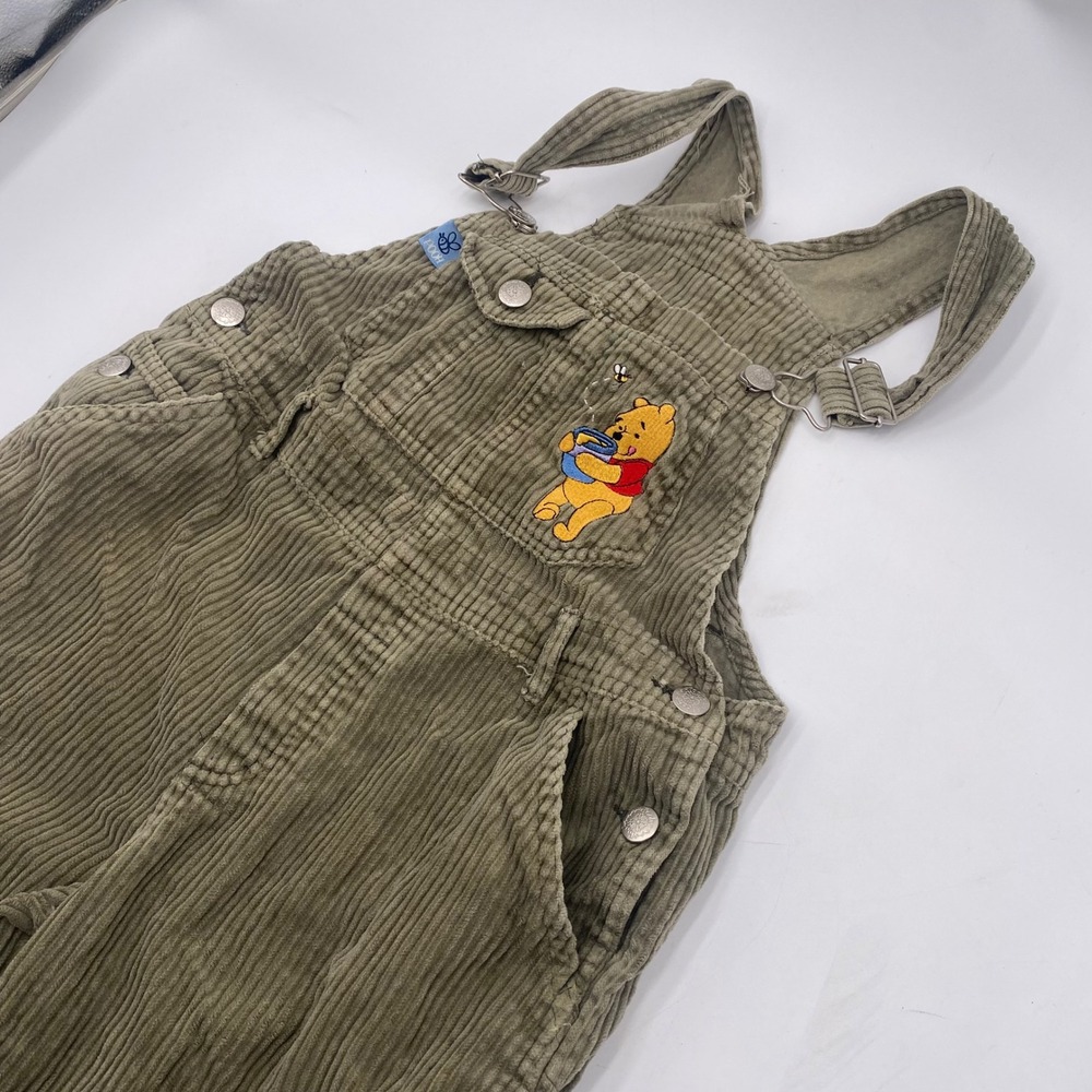 Disney Pooh Vintage Corduroy Overalls Kids 8 Olive Winnie Embroidered Cargo Bib